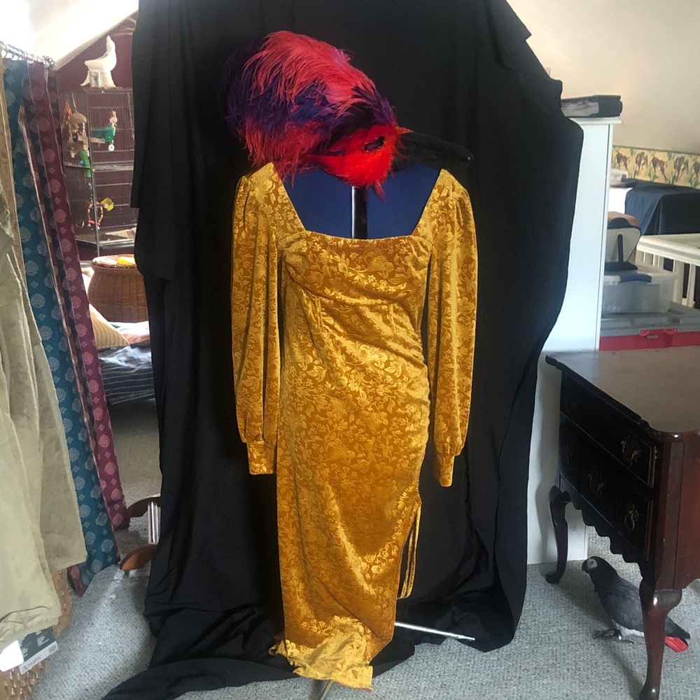 Gold jacquard floral gothic maxi dress; renaissance medieval Wuthering heights